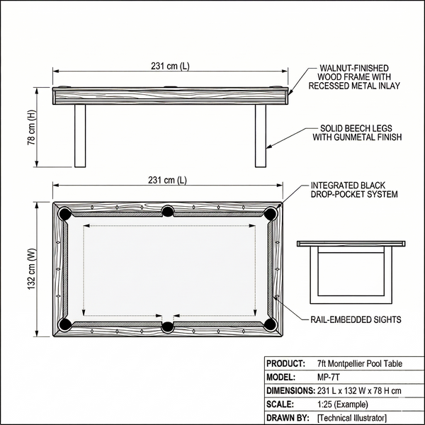 Montpellier Dining Pool Table Technical Drawing Centrum Leisure Singapore